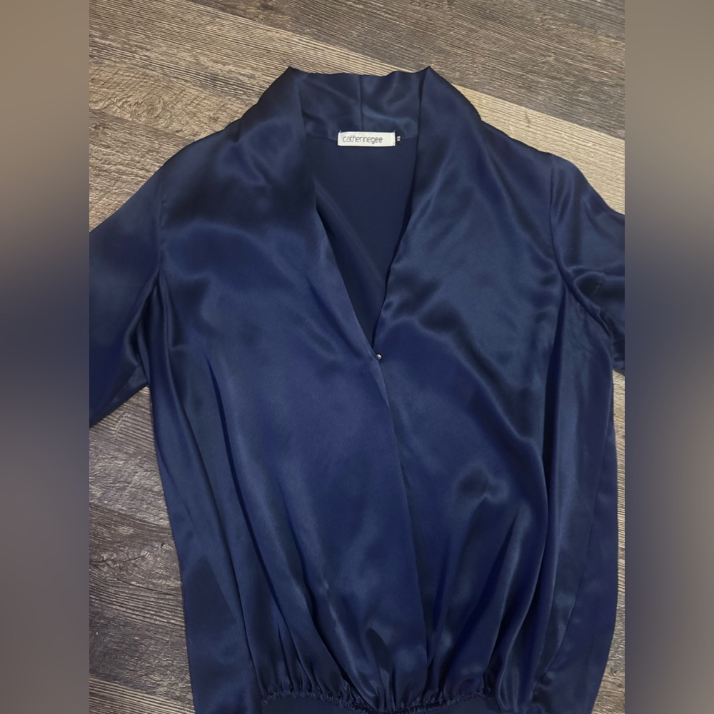 Catherine Gee 100% silk Deep Blue long sleeve Top